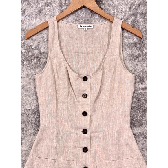 New Reformation Dress 0 Womens Linen Scoop Neck Sleeveless Button Front Mini - Picture 2 of 8